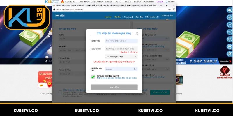 Cài đặt tài khoản ngân hàng để nhận tiền từ Kubet