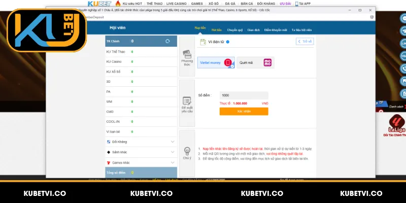 Nạp Tiền Kubet - Đa Dạng Phương Thức, Xử Lý Trong 1 Phút 4 Sử dụng ví điện tử như Momo, Viettel Money để nạp tiền Kubet